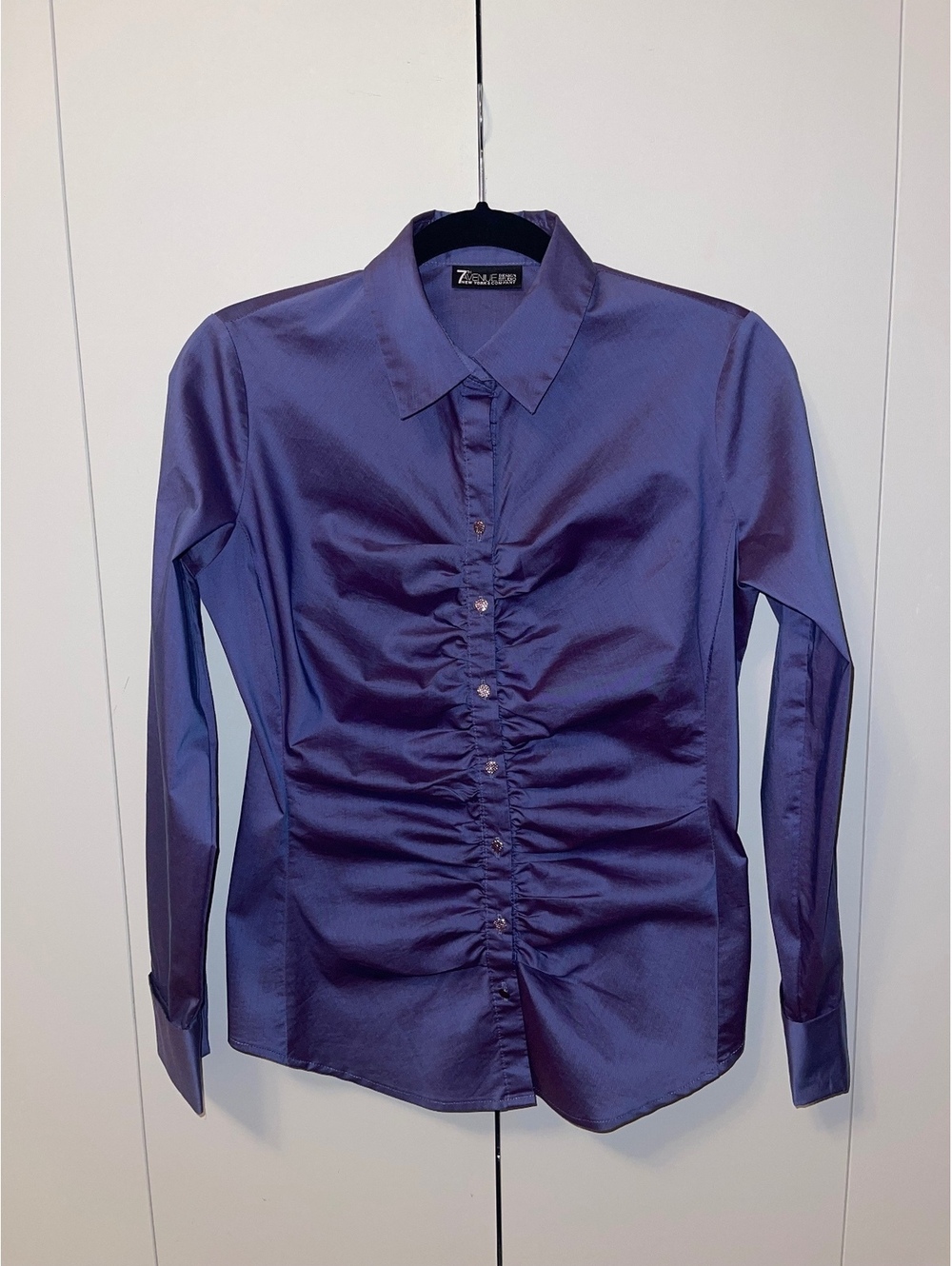 Women's Purple Satin Long Sleeve Button-Up Shirt by 7th Avenue, Size S, 60% Cot/